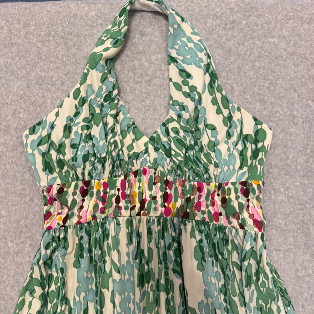 Suzi Chin Maggy Boutique Green Abstract Leaf Halter Maxi Dress Size 8 Y2K - Picture 2 of 12